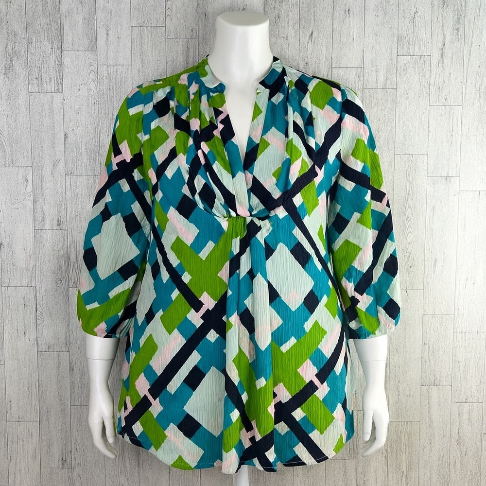 Lilly Pulitzer Sabine Blouse Size 0 Multicolor Geometric‎ Print 3/4 Sleeve Top